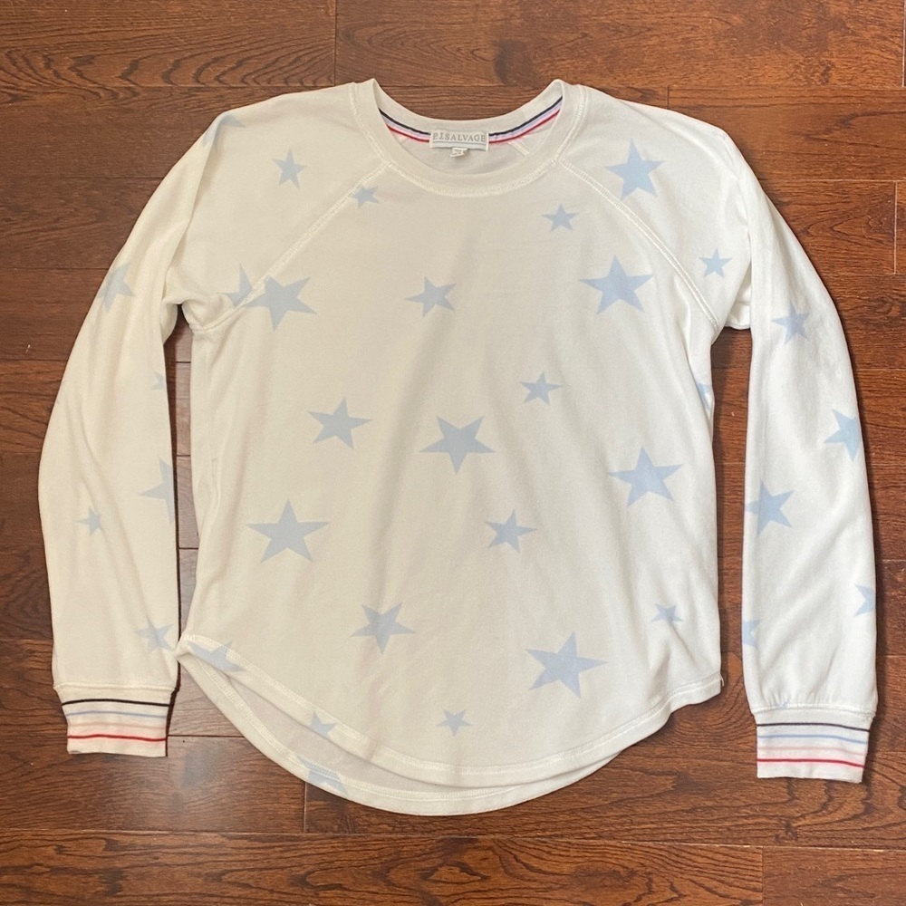 PJ Salvage Size Small Star Print Long Sleeve Lounge Top White Blue